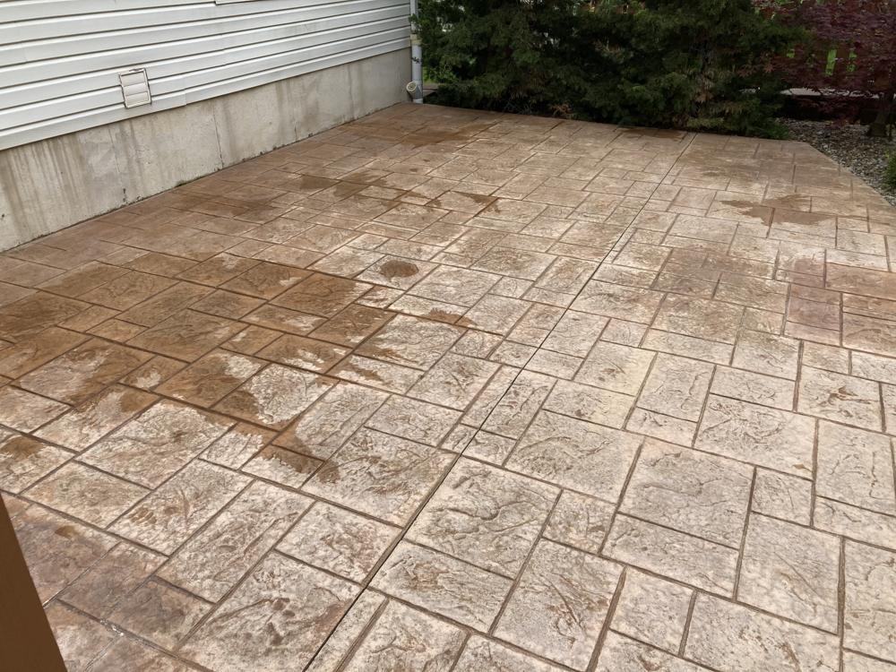 Stamped patio cleaning and sealing on little oaks drive ofallon mo 63368